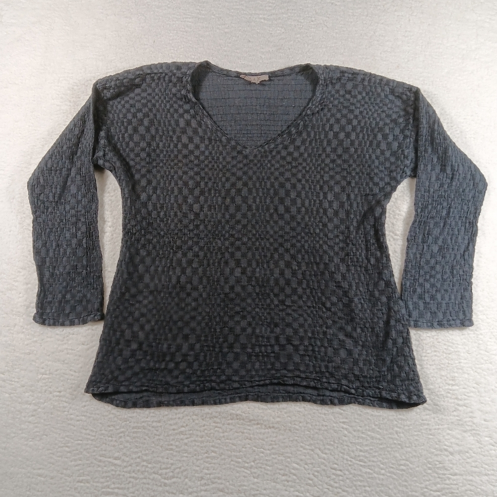 FLAX by Jeanne Engelhart Top Womens Medium Gray Long Sleeve Linen Blend Textured